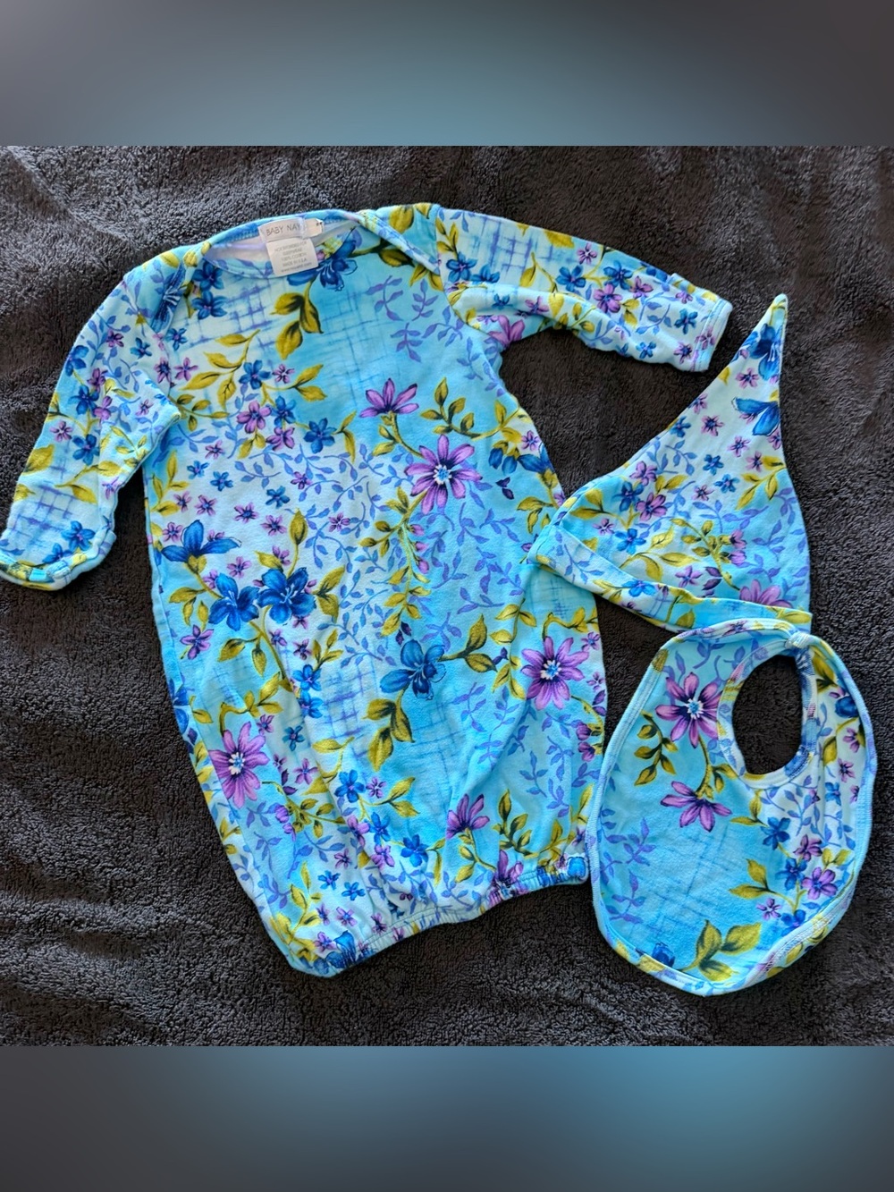Newborn Baby Floral Blue Gown, Hat & Bib Set -
